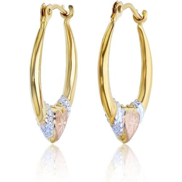 14K Gold Heart Hoop Earrings Tricolor Two Tone Hypoallergenic Shrimp Hoops - Picture 2 of 7